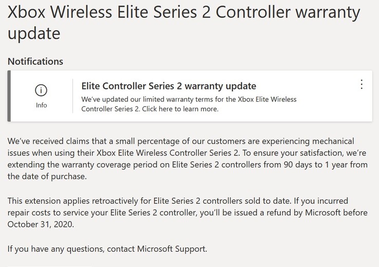 Microsoft's Elite Controller Series 2 warranty update. (Image: Microsoft)