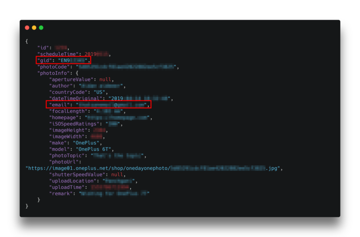 The data in a Shot on OnePlus API response includes email addresses and IDs. (Source: 9to5Google)