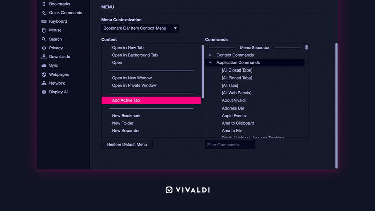 Vivaldi 3.4 Configurable context menu (Source: Vivaldi Browser)