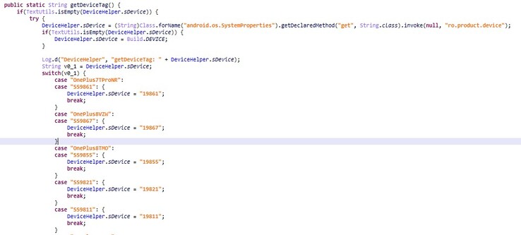 Some code that may reference a Verizon OnePlus 8. (Source: XDA)