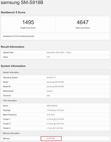S23 Ultra with 12 GB RAM. (Image source: Geekbench)