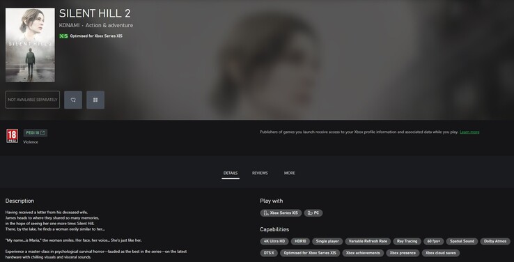 Screenshot of Silent Hill 2 game page on the Microsoft Store. (Image source: TrueAchievements)