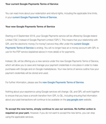 A screenshot of the email sent to the UK's Google Pay P2P users. (Source: 9to5Google)