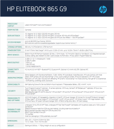 HP Elitebook 865 G9 specifications. (Image source: HP)
