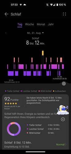 The Huawei app provides data on individual sleep phases