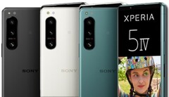 The Sony Xperia 5 IV press shots show a couple of key specifications for the compact phone on the display. (Image source: 91Mobiles/Sony - edited)