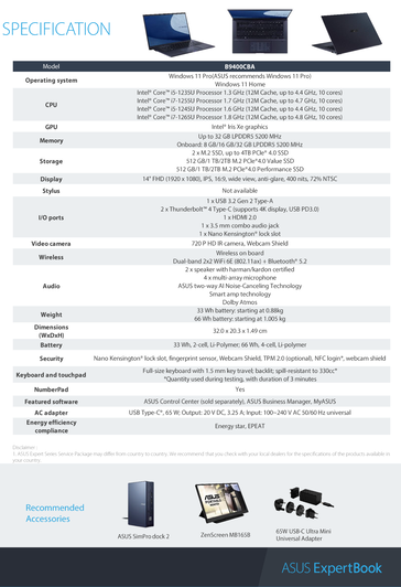 Asus ExpertBook B9 - Specifications. (Source: Asus)