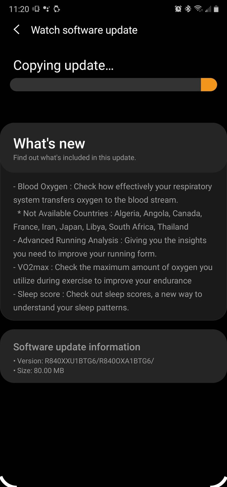 The install screen for the Galaxy Watch3's first OTA update. (Source: SamMobile)