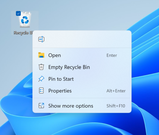 New modern context menu when you right-click on Recycle Bin on your desktop. (Image source: Microsoft)