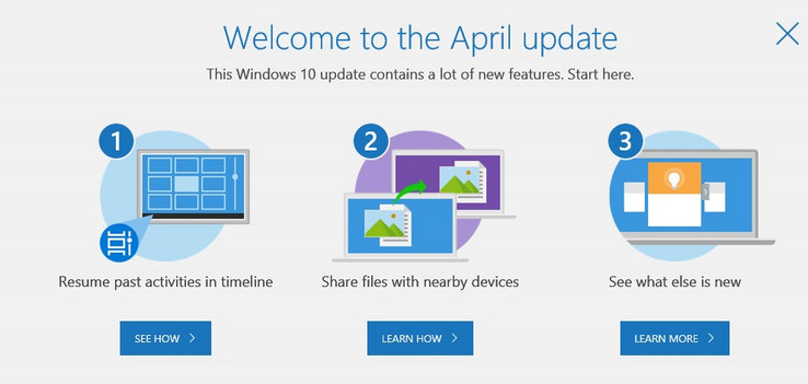 Windows 10 April 2018 Update welcome message