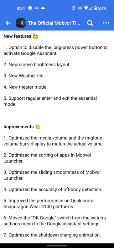 TicWatch Pro 3 update changelog (image via Reddit)