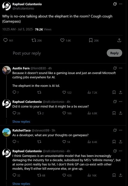Raphael Colantonio commenting on impact of Xbox Game Pass on Microsoft job losses (Image source: screenshot, Raphael Colantonio X account)