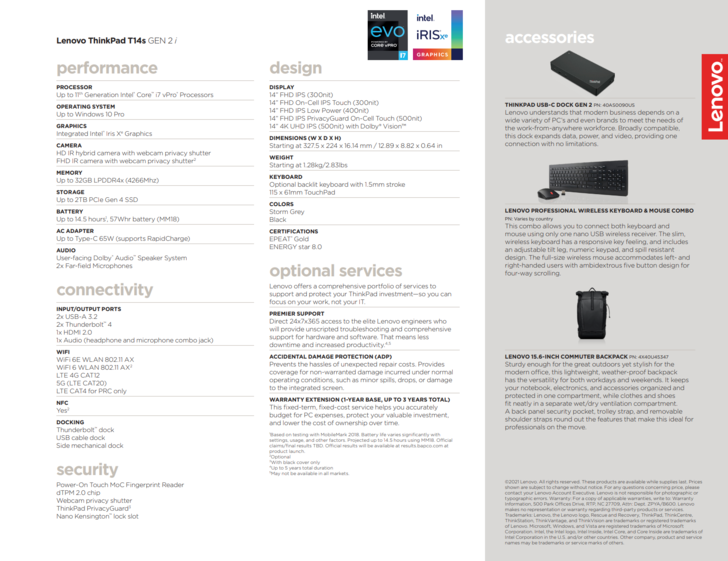 specifications Lenovo ThinkPad T14s G2 Intel