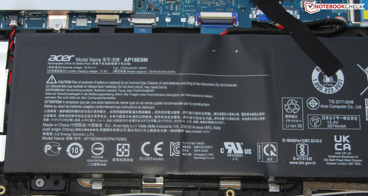 The battery has a capacity of 57.5 Wh