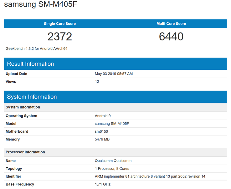 GeekBench results and specs (Source: GeekBench)