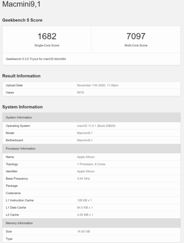 Apple Mac Mini with M1 single and multi-core scores. (Source: Geekbench)