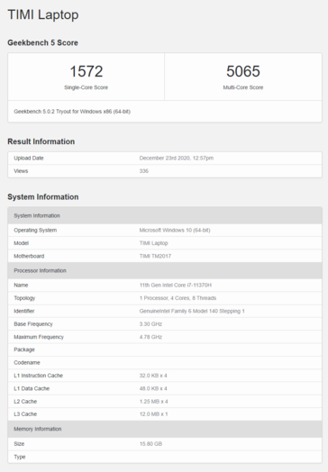 Mi Notebook Pro with Intel Tiger Lake Core i7-11370H. (Source: Geekbench)