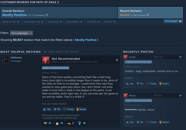 Path of Exile 2 recent Steam reviews (screenshot, Steam)
