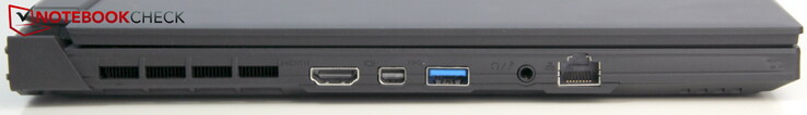 Left: HDMI, miniDP 1.4, USB-A 3.0, headset jack, LAN