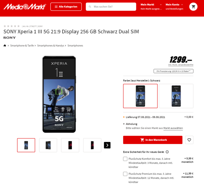 The Sony Xperia 1 III will launch in two colours. (Image source: MediaMarkt)
