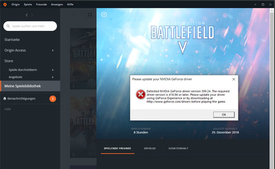 The existing driver is too old for Battlefield V.