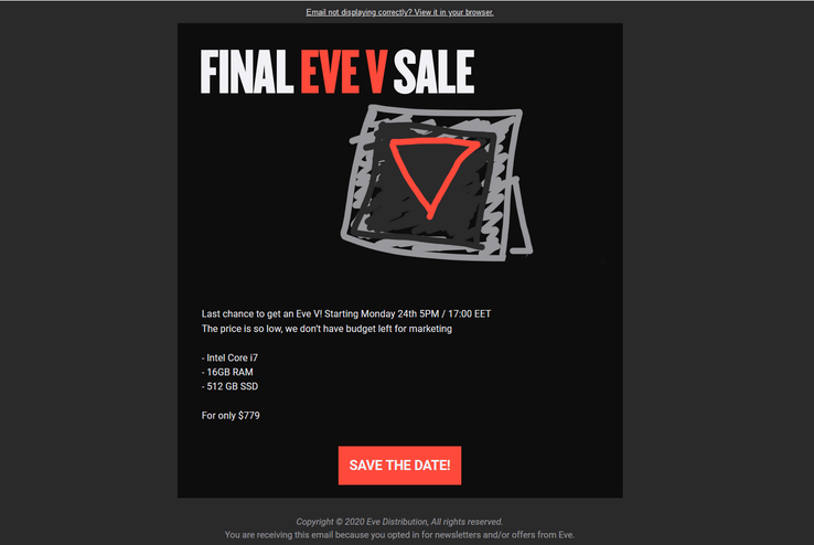 Eve's email containing details of its final V sale. (Source: Eve Devices)