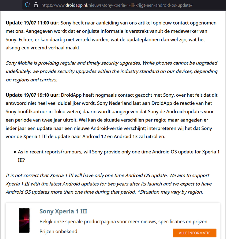 Sony's new statements on the Xperia 1 III and its update schedule. (Source: DroidApp)