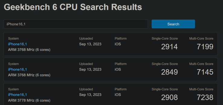 Apple A17 Pro Geekbench listings (image via Geekbench)