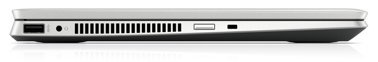 Left side: USB 3.2 Gen 1 (Type A), combined audio jack, power button, connector for cable lock