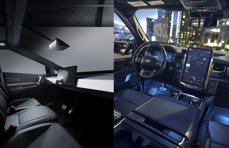 Two different approaches to cabin design, despite the electric underpinnings. (Image source: Tesla/Ford)