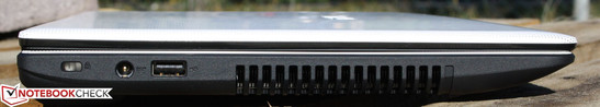 Left side: Kensington, power supply unit, USB 2.0