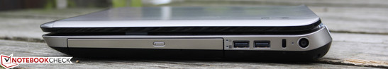 Right: DVD burner, 2 USBs, Kensington, AC
