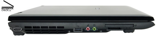 Samsung R700 Aura T9300 Dillen left side: HDMI, Vent holes, 1x USB-2.0, microphone, headphones, ExpressCard/54, 7-in-1 card reader