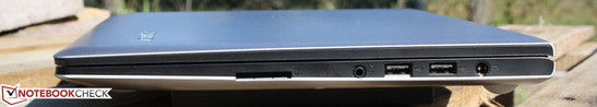 Right: card reader, microphone/headphone combo, 2x USB 2.0, power outlet