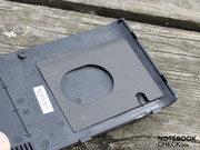 On the underside there is an opening for swapping the memory and hard drive.  The flap cushioned for shock absorption.