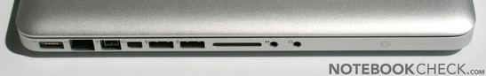 Left: MagSafe (power), Gigabit LAN, Firewire 800, Mini DisplayPort, 2x USB 2.0, SD cardreader, line-in (analog / optical - no microphone), line-out (analog / optical), battery status LED