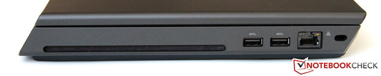 Right side: DVD writer, 2x USB 2.0, LAN, Kensington Lock