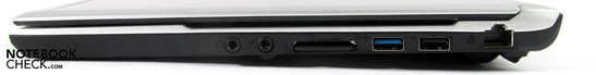 Right: Audio in/out, cardreader, USB 3.0, USB 2.0, LAN