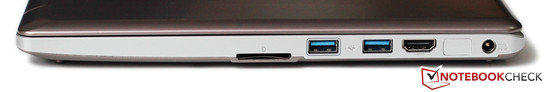 Right side: SD card reader, 2x USB 3.0, HDMI, Power outlet