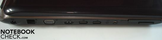 Left: DC-in, RJ-45 Gigabit LAN, VGA, HDMI, 2xUSB 2.0, Firewire, 8-in-1 cardreader