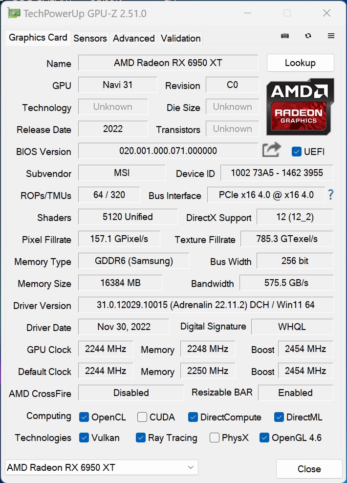 MSI Carte graphique de jeu Radeon RX 6950 XT GAMING X TRIO 16G - 16 Go  GDDR6, 2454 MHz, PCI Express 4, 256 bits, 3 x DP v 1,4 a, HDMI 2.1  (compatible