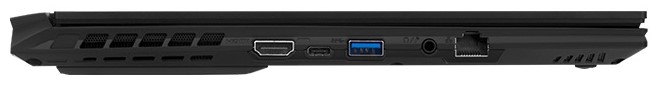 Left side: HDMI 2.0, 1x USB 3.1 Type-C mit DP 1.4, 1x USB 3.1 Gen1 Type-A, combined audio port, GigabitLAN