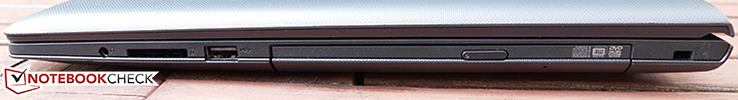 Right: combo audio, card reader, USB 2.0, DVD multi-burner, Kensington lock