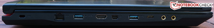 Left side: Kensington lock, RJ45-LAN, USB 3.0, HDMI, Mini DisplayPort, USB 3.0, USB 3.1 Type C, microphone, headphones
