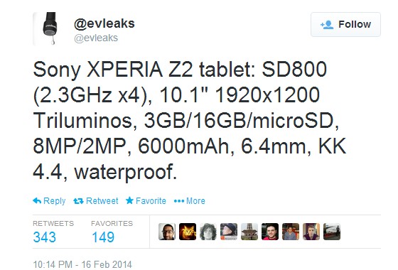 Sony Xperia Z2 Tablet - Specs