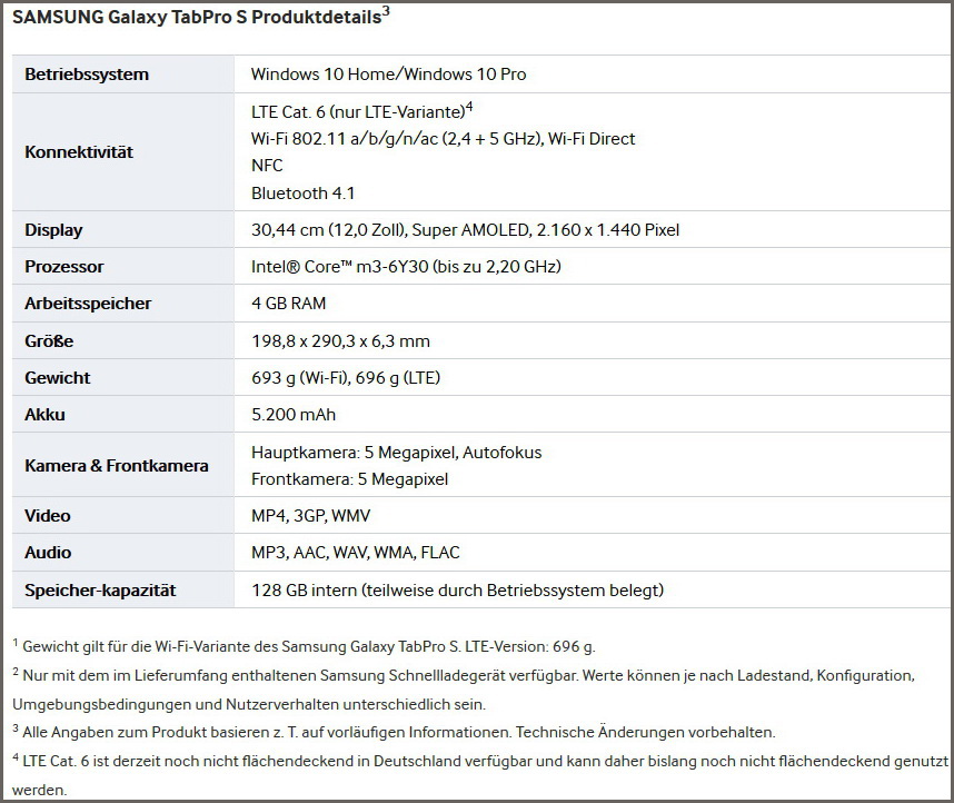galaxy tab pro s specs