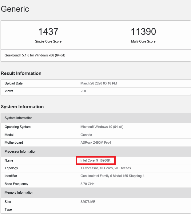 Intel Core i9-10900K Geekbench test with ASRock Z490M Pro4 board