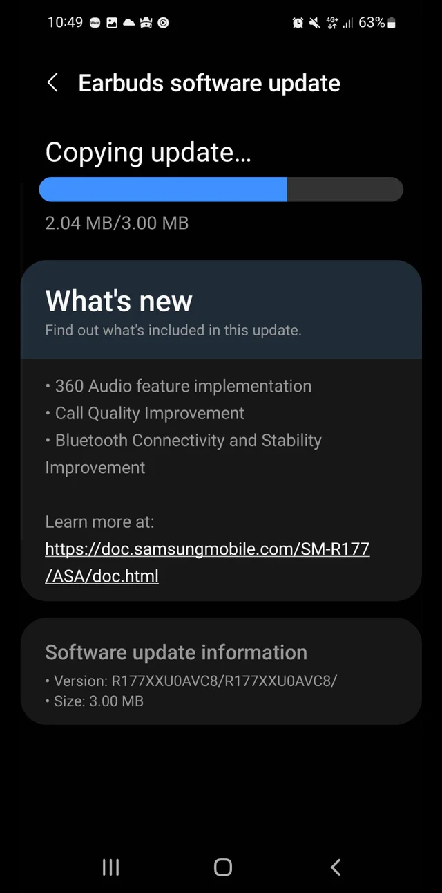 The Galaxy Buds2's new update screen. (Source: Samsung via Reddit)