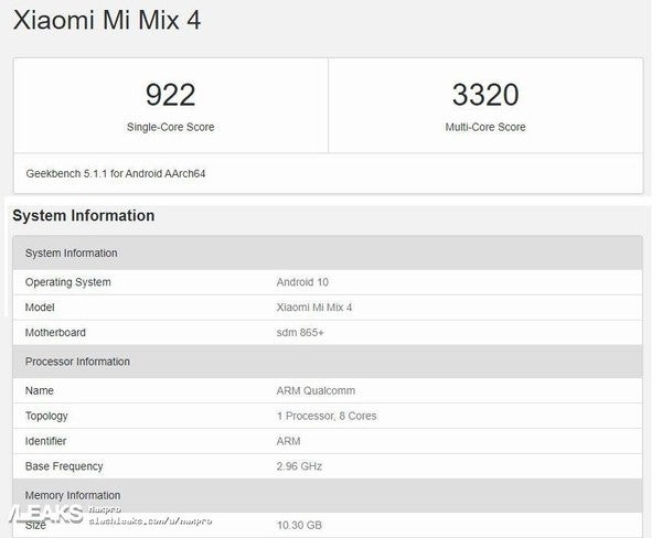 The faked Mi Mix 4 Geekbench listing. (Image source: u/maxpro - /LEAKS)