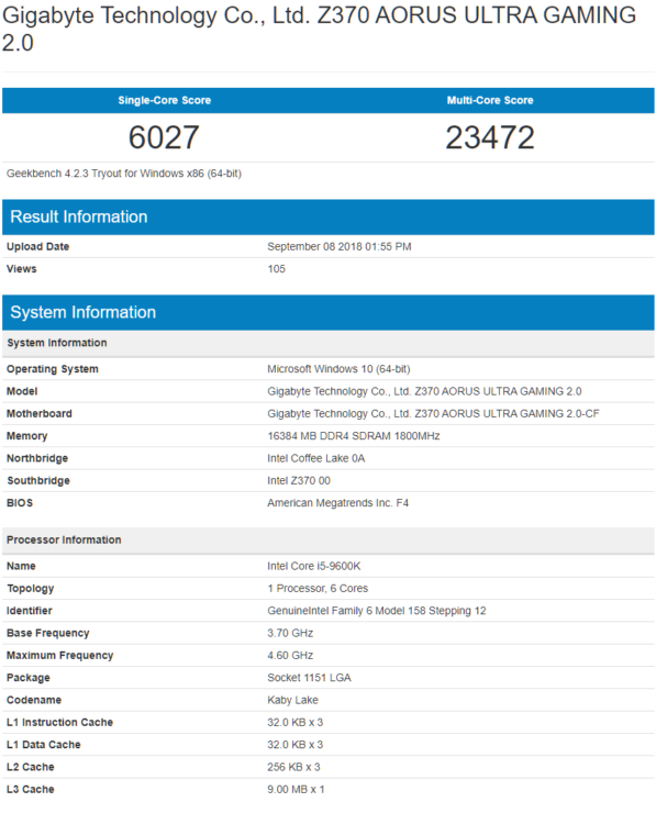 Core i9-9600K results (Source: Geekbench)